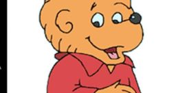 Cheerful cartoon bear from The Berenstain Bears, wearing a red shirt and green pants, embodying childhood innocence and fun.