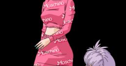 Bulma Briefs in stylish pink Moschino dress, paired with trendy sunglasses, walks alongside young Trunks in casual attire.