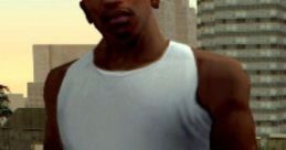 Carl Johnson from GTA San Andreas, wearing a white tank top and blue jeans, stands confidently in an urban setting.