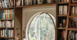 Cozy library corner with bookshelves, a comfortable chair, and a round window, perfect for relaxation and reading.