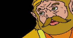 Pixel art of CD-I King Harkinian, featuring his distinctive beard and crown, in vibrant orange and yellow attire.