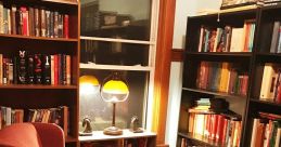 Cozy reading nook in a home library, featuring shelves of books, an armchair, and a warm lamp for comfortable reading.