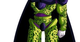 Cell Perfecto from Dragon Ball, showcasing his iconic green and black armor, striking a powerful pose with a cape.