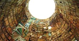 Surreal library with towering shelves, swirling books, and a bright circular skylight, creating a dreamlike atmosphere.