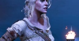 Ciri from The Witcher 3 in a dramatic pose, showcasing her battle-worn outfit against a night backdrop.