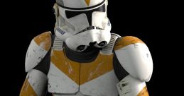 Clone Trooper in battle-ready stance, featuring distinctive orange markings and holding a blaster rifle.