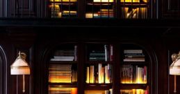 Cozy library corner with illuminated bookshelves, warm ambiance, and elegant seating, perfect for reading and relaxation.