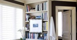 Elegant master bathroom with a cozy library nook, featuring a soaking tub, bookshelves, and natural light for relaxation.