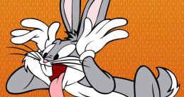 Bugs Bunny joyfully expressing excitement, with a playful demeanor and vibrant orange background, iconic cartoon character.