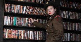 Officer in uniform poses in a vintage library setting, showcasing books and a classic globe, embodying knowledge and authority.