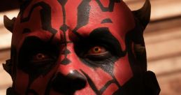 Darth Maul's intense gaze and menacing expression highlighted by intricate red and black face paint for a striking appearance.