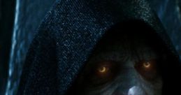 Darth Sidious, cloaked in darkness, with menacing yellow eyes, embodies pure evil in the Star Wars saga.