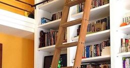 Stylish wooden ladder against a white bookshelf, enhancing the beauty of a rolling library with colorful books.