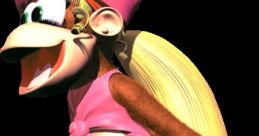 Dixie Kong from Donkey Kong Country, animated character with a vibrant personality and distinctive pink outfit, soaring joyfully.