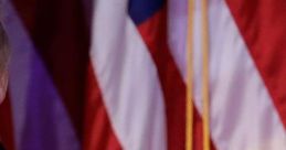 Donald Trump speaking with the American flag backdrop, emphasizing patriotism and leadership during his presidency.