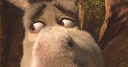 Excited Donkey from Shrek, voiced by Eddie Murphy, enjoying delicious food in a vibrant forest setting.