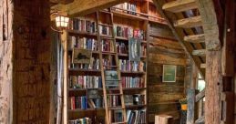 Cozy wooden interior featuring a rustic library, bookshelves, and vintage decor, perfect for book lovers and reading.