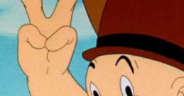 Elmer Fudd, cheerful character with a top hat, giving a peace sign in a bright cartoon setting. Iconic animated figure.