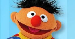 Ernie from Sesame Street smiles while holding a yellow rubber duck, wearing a colorful striped sweater. Fun and playful!