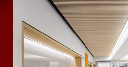 Modern interior of Overpass Library featuring wooden shelves, books, and a patron walking along a bright corridor.