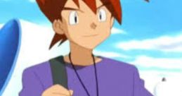 Gary Oak, a Pokémon trainer, stands confidently in a purple shirt, holding a bag, with a vibrant outdoor backdrop.