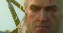 Intense close-up of Geralt of Rivia, featuring his signature white hair, yellow eyes, and distinctive scarred visage.