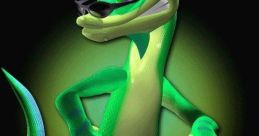 Stylish green gecko character posing confidently with sunglasses, inspired by the "Gex" video game series.