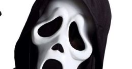 Ghostface mask with dramatic expression, iconic horror symbol from the "Scream" franchise, black hooded cloak background.