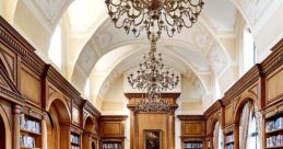 Elegant library with wooden decor, featuring a chandelier, rich flooring, and shelves of books, creating a cozy reading space.