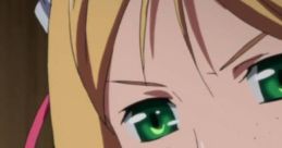 Angry character with green eyes and blonde hair, portraying a strong emotion in a dramatic anime scene.