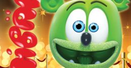 Gummibär character in a festive setting, showcasing his signature green color and playful expression on a red carpet.