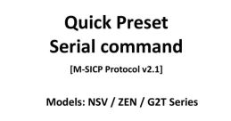 Quick Preset serial command for NSV 127 Library models using M-SICP Protocol v2.1. Color-coded section layout illustration.