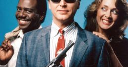 Sledgehammer! cast featuring a detective with sunglasses, flanked by two co-stars, set against a vibrant blue background.