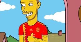 Cartoon character in Spain jersey, thumbs up in a home setting, blending soccer culture with animated humor.