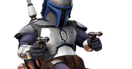 Jango Fett in full armor, wielding blasters and using jetpack, embodies the iconic bounty hunter from Star Wars.