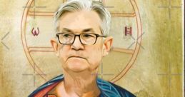 Humorous portrayal of Jerome Powell, holding money and a printer with 'st.onks,' symbolizing economic influence.