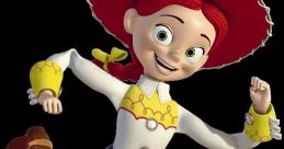 Jessie from Toy Story, joyfully striking a playful pose in her iconic cowgirl outfit, featuring a red hat and colorful attire.