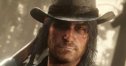 John Marston, the iconic character from Red Dead Redemption, wears a hat and holds a rifle, embodying the Wild West spirit.