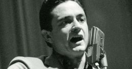 Johnny Cash passionately singing into a vintage microphone, playing guitar, iconic country music performance captured.