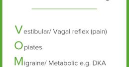 List of causes of vomiting, highlighting Vestibular, Opiates, Migraine, Infection, Toxicity, and Gestation-related factors.