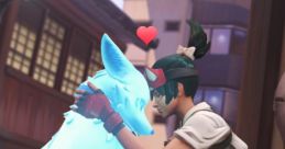 Kiriko from Overwatch 2 lovingly interacts with her ghostly fox companion in a vibrant urban setting, showcasing their bond.