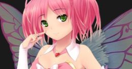 Kyu Sugardust from HuniePop in a playful outfit, featuring pink hair and vibrant butterfly wings, exuding charm and whimsy.