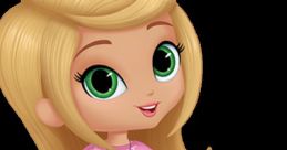 Leah from Shimmer and Shine, featuring green eyes, blonde hair, and a pink star-patterned shirt, joyfully poses.