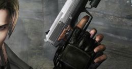 Leon S. Kennedy aiming a handgun, showcasing his iconic look from Resident Evil 4 against a misty background.