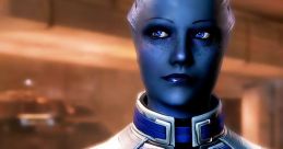 Liara T'Soni with blue skin and detailed armor, portrayed by Ali Hillis in Mass Effect 3, showcases her striking presence.