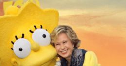 Yeardley Smith joyfully poses with Lisa Simpson, showcasing their iconic bond in a colorful backdrop.