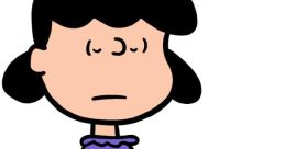 Lucy van Pelt stands confidently in a purple dress with a serious expression, embodying her iconic Peanuts character.