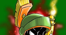 Marvin the Martian, armed and ready, with a determined expression, set against a vibrant green background.