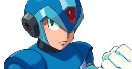 MegaMan X in blue armor, showcasing his iconic design and determined expression, ready for action in a classic gaming style.