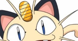 Cheerful Meowth from Pokémon leaps playfully, showcasing his signature coin and big grin in vibrant cartoon style.